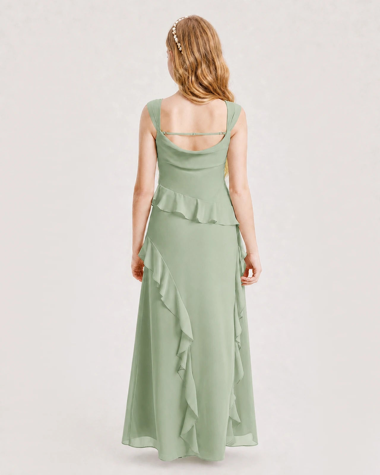 Sage Green Junior Bridesmaid Dress Cowl Neck Ruffled Chiffon Maxi Back View