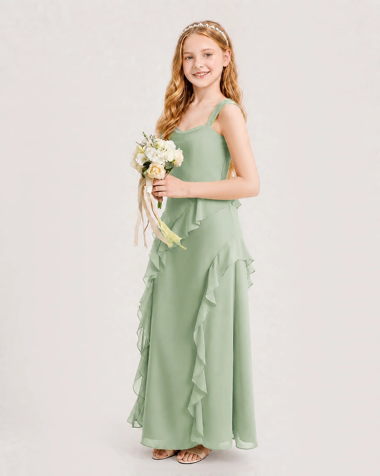 Light Blue Junior Bridesmaid Dress | Cowl Neck Chiffon Split Gown
