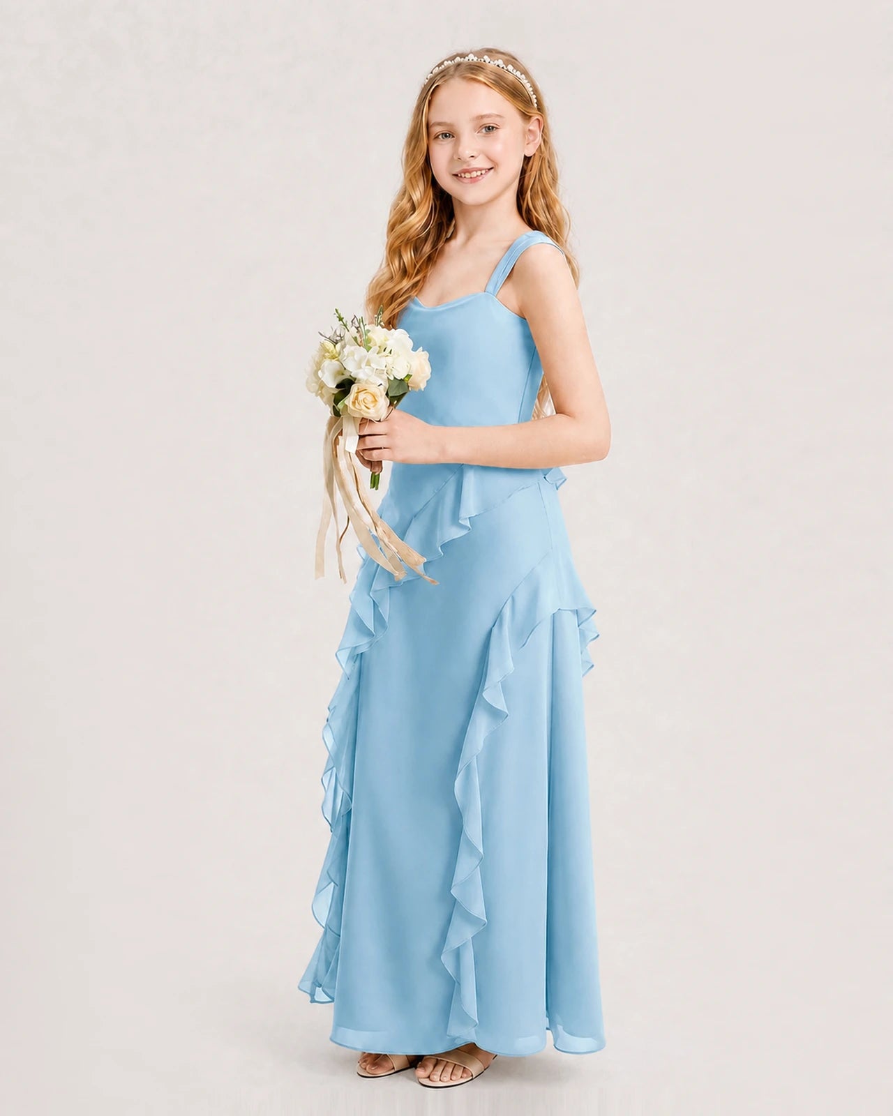 Sky Blue Junior Bridesmaid Dress Cowl Neck Ruffled Chiffon Maxi Side View
