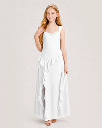 White Junior Bridesmaid Dress Cowl Neck Ruffled Chiffon Maxi Front View