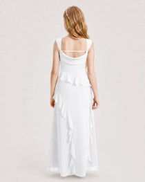 White Junior Bridesmaid Dress Cowl Neck Ruffled Chiffon Maxi Back View