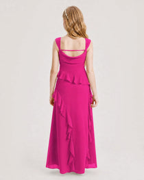 Hot Pink Junior Bridesmaid Dress Cowl Neck Ruffled Chiffon Maxi Back View
