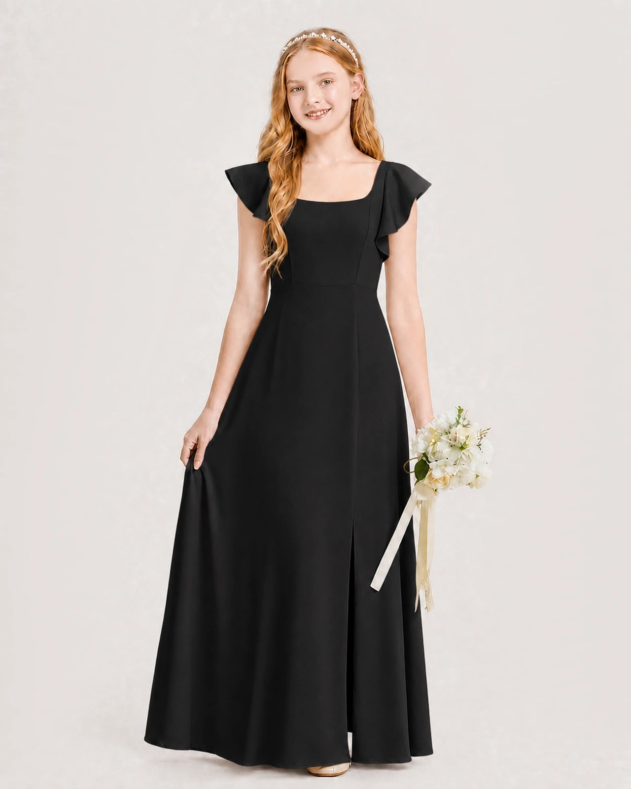 Black Chiffon A-line Junior Bridesmaid Dress Front View