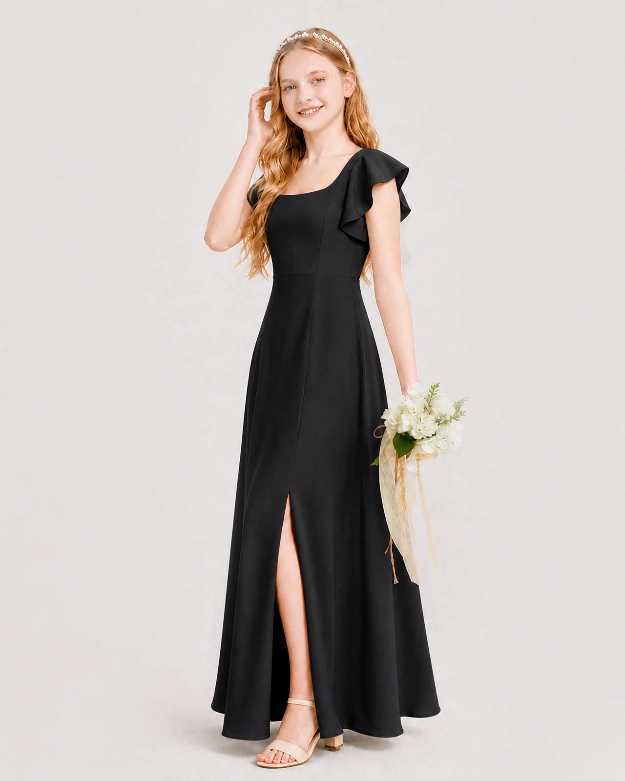 Black Chiffon A-line Junior Bridesmaid Dress Side View