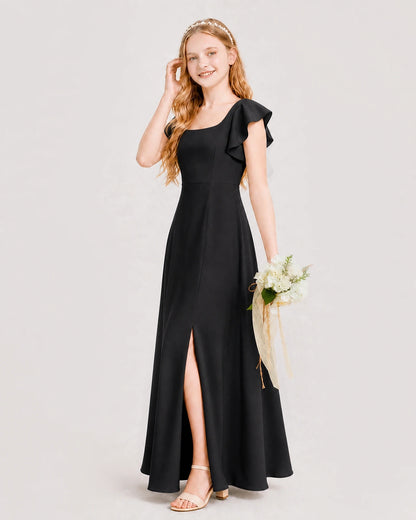 Black Chiffon A-line Junior Bridesmaid Dress Side View