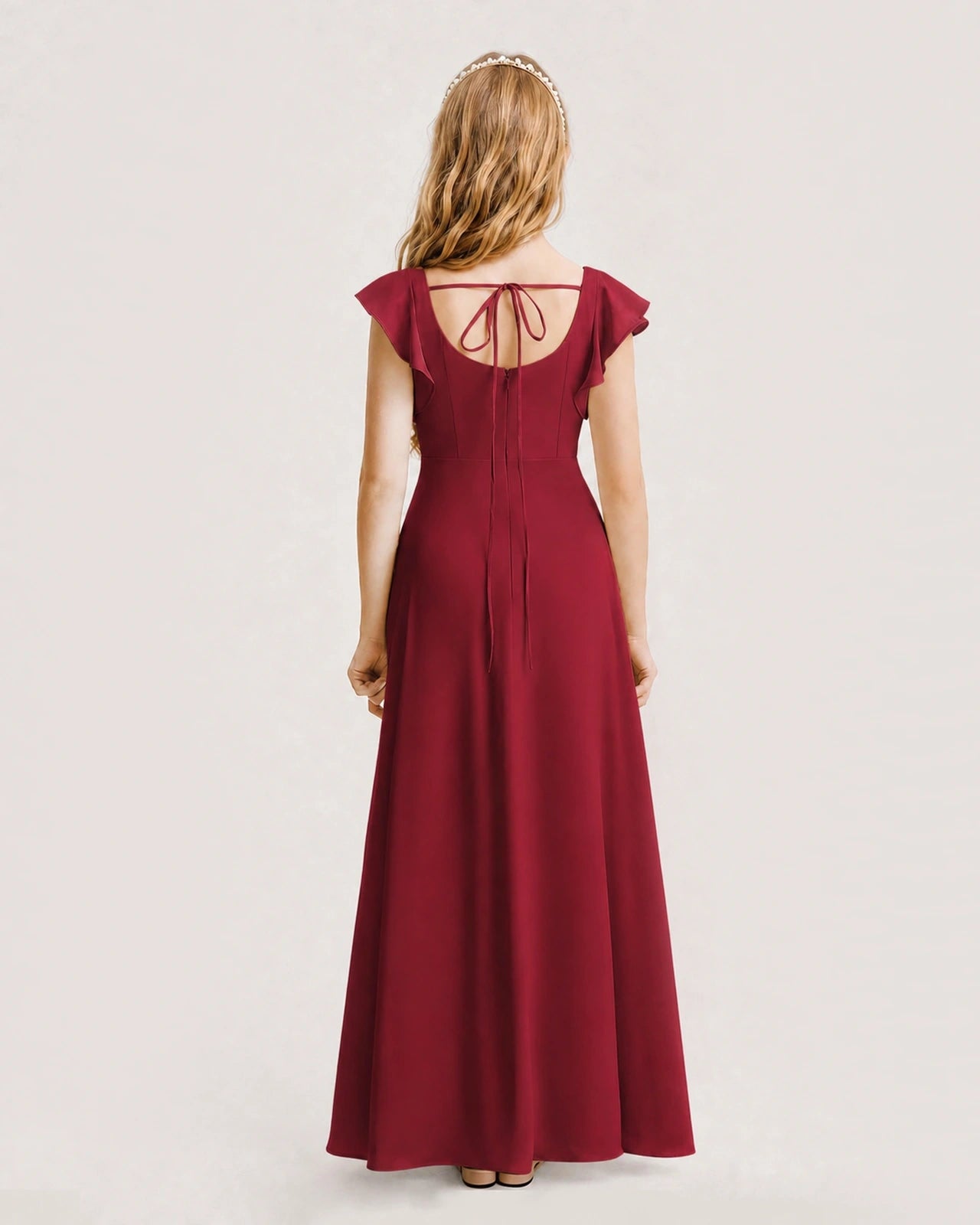 Burgundy Chiffon A-line Junior Bridesmaid Dress Back View