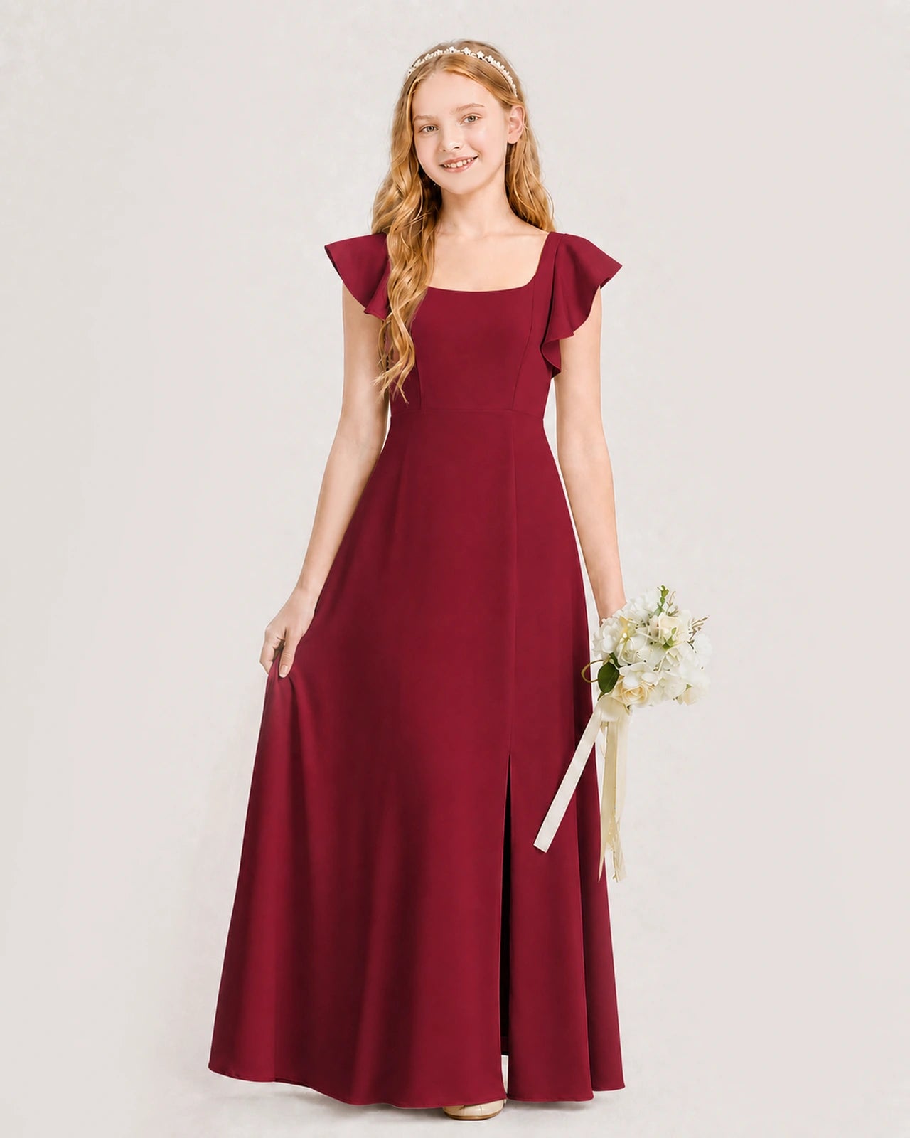 Burgundy Chiffon A-line Junior Bridesmaid Dress Front View