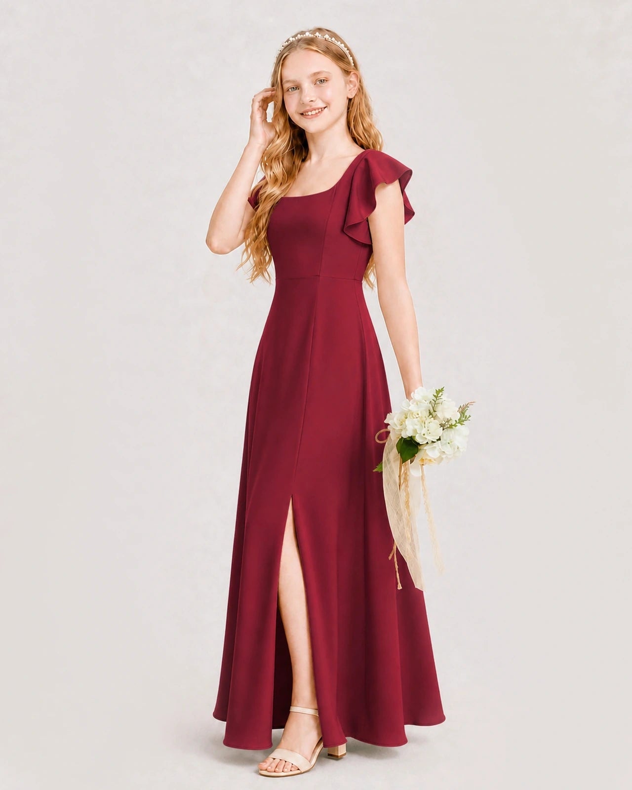 Burgundy Chiffon A-line Junior Bridesmaid Dress Side View