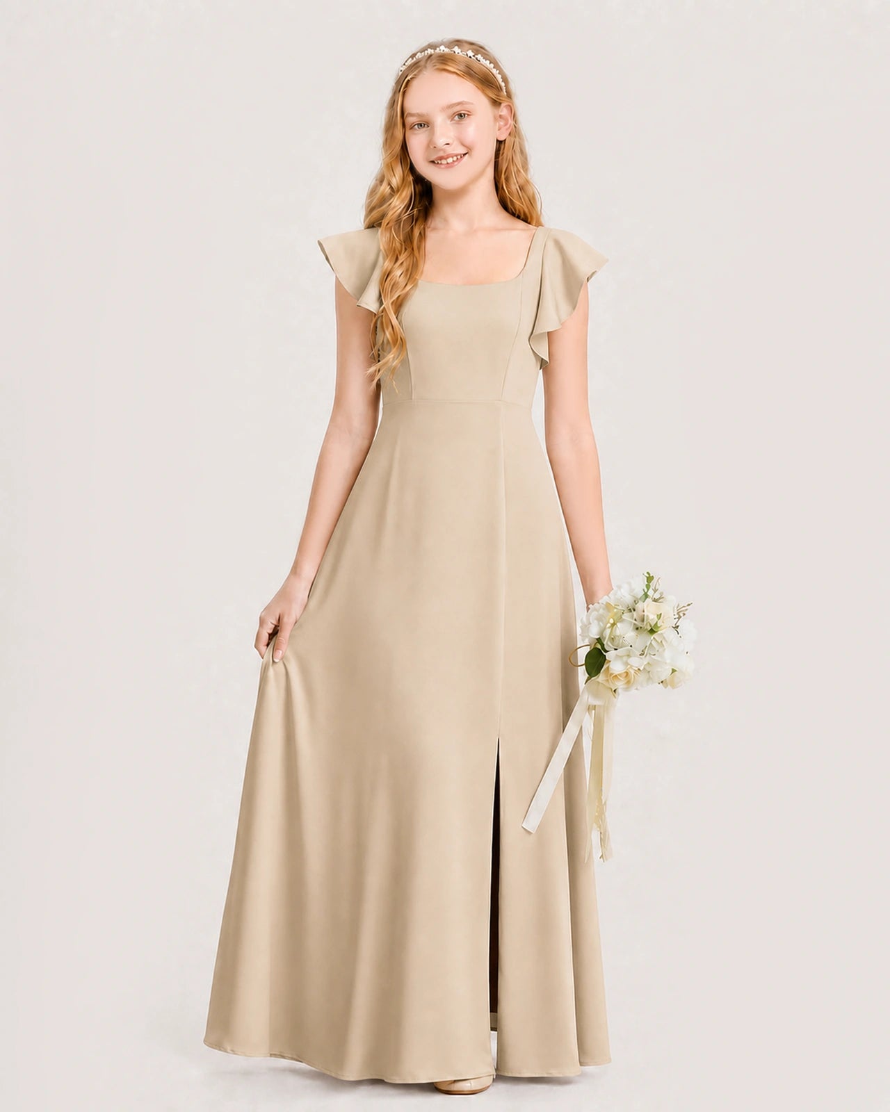 Champagne Chiffon A-line Junior Bridesmaid Dress Front View