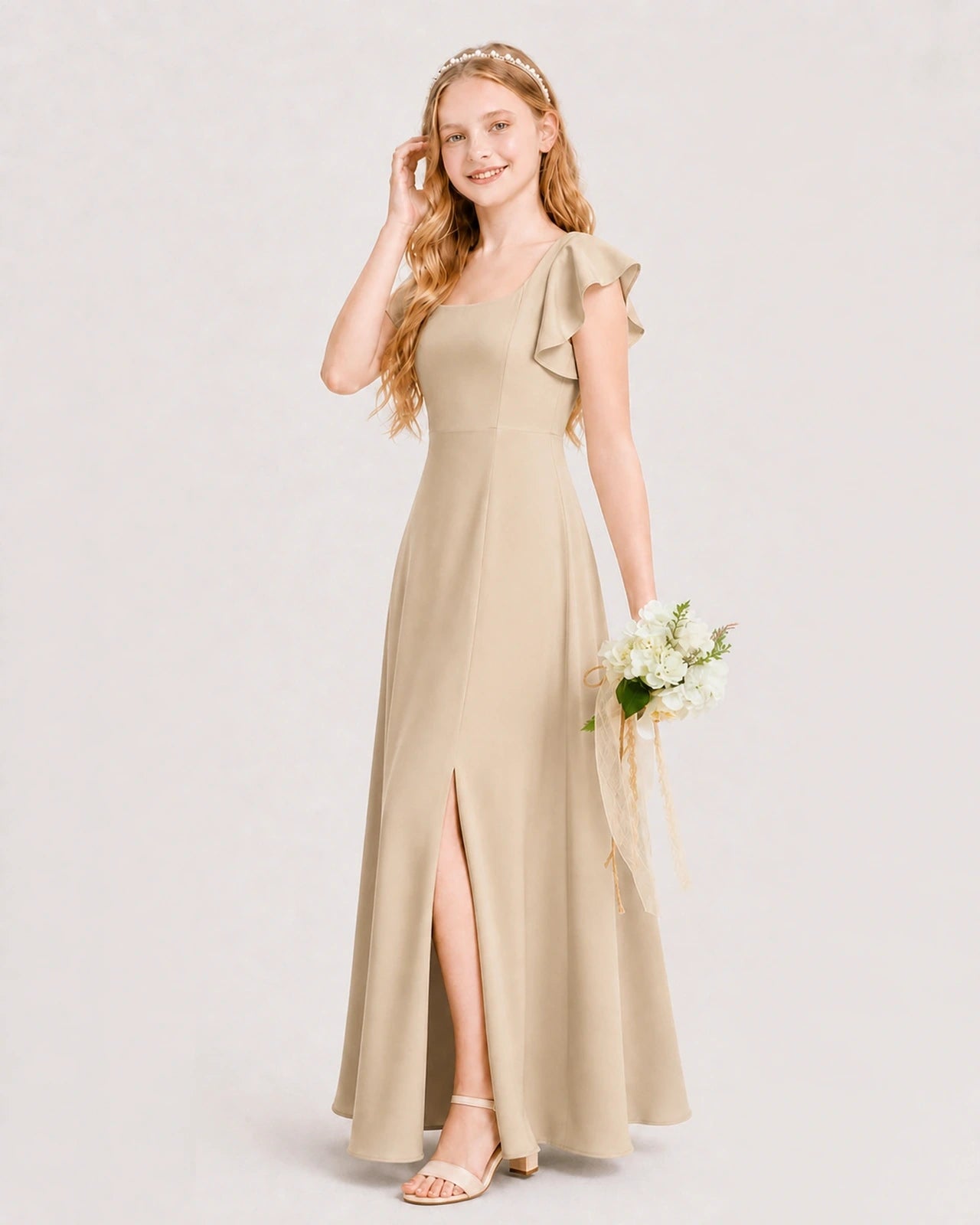 Champagne Chiffon A-line Junior Bridesmaid Dress Side View