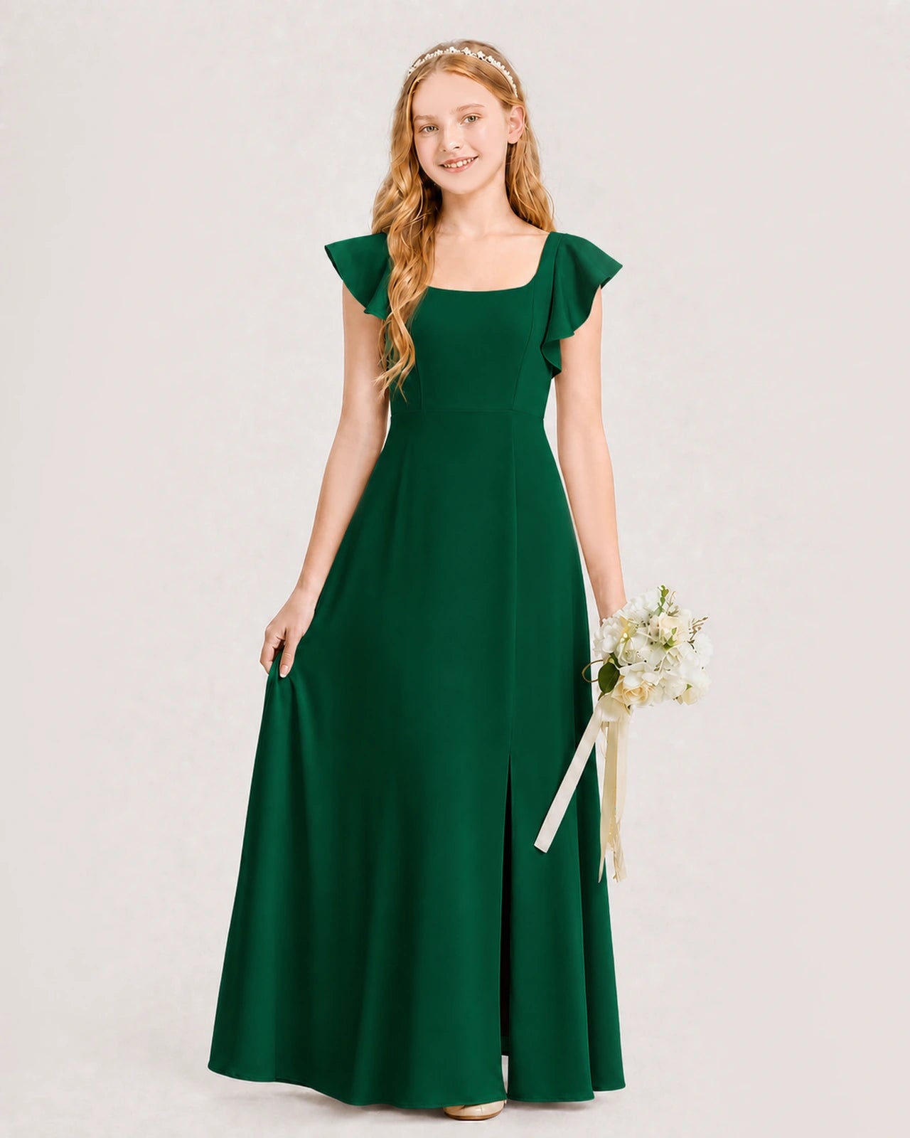 Dark Green Chiffon A-line Junior Bridesmaid Dress Front View