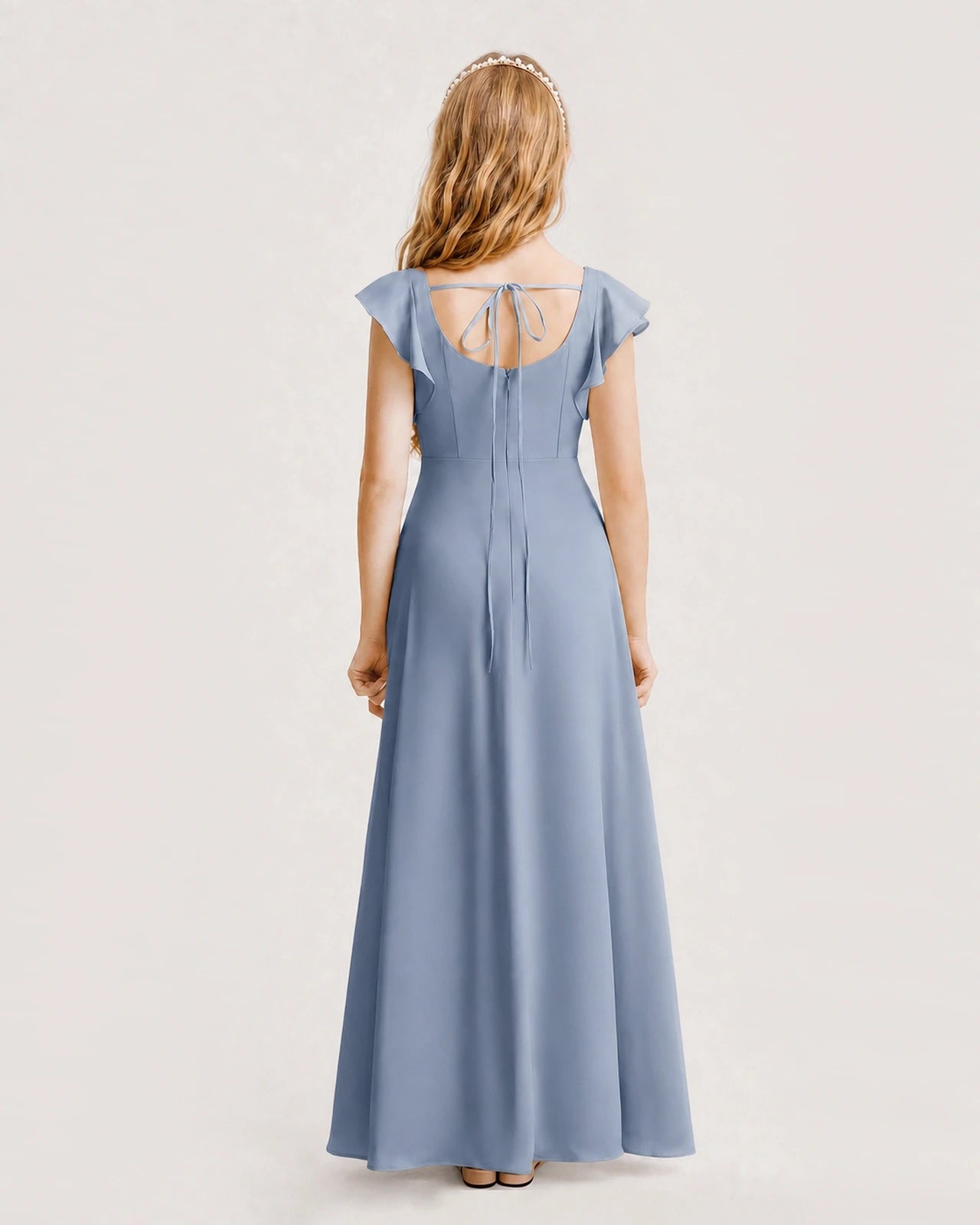 Dusty Blue Chiffon A-line Junior Bridesmaid Dress Back View