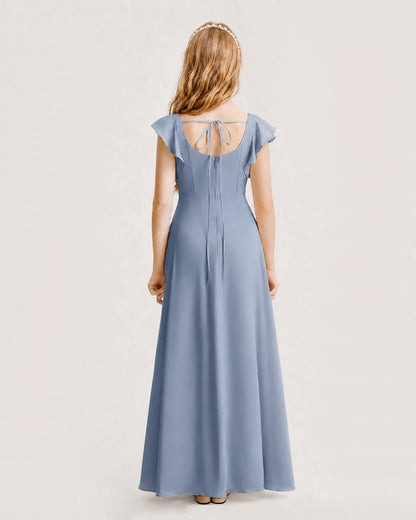 Dusty Blue Chiffon A-line Junior Bridesmaid Dress Back View