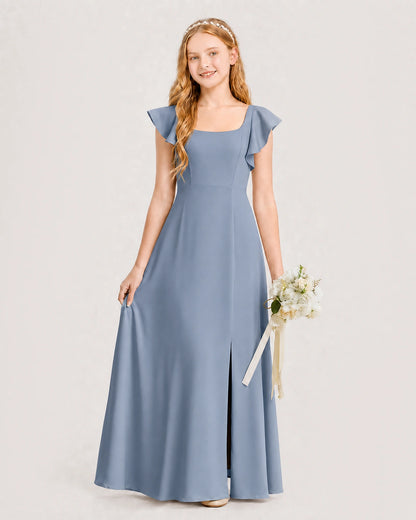 Dusty Blue Chiffon A-line Junior Bridesmaid Dress Front View