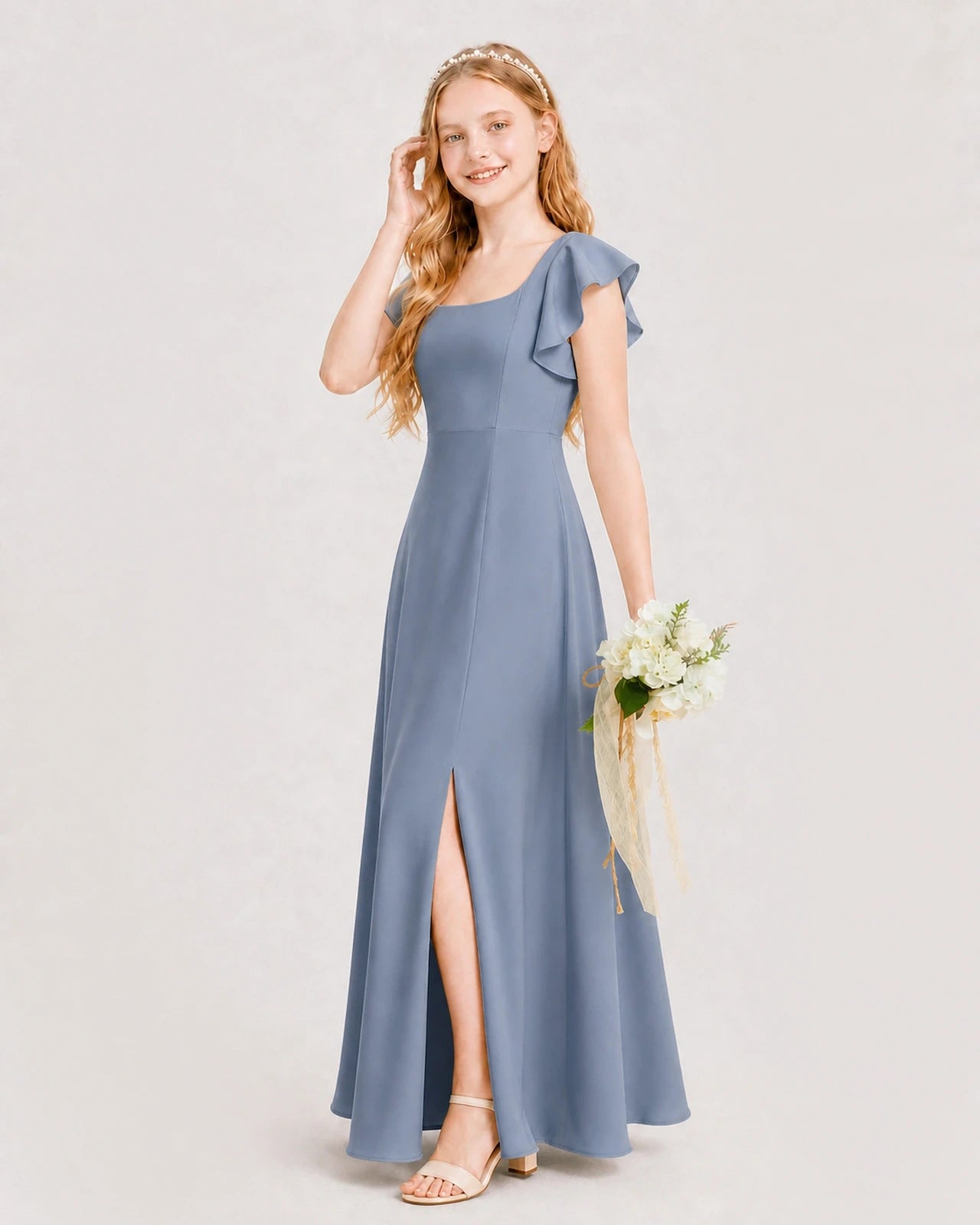 Dusty Blue Chiffon A-line Junior Bridesmaid Dress Side View