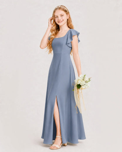 Dusty Blue Chiffon A-line Junior Bridesmaid Dress Side View