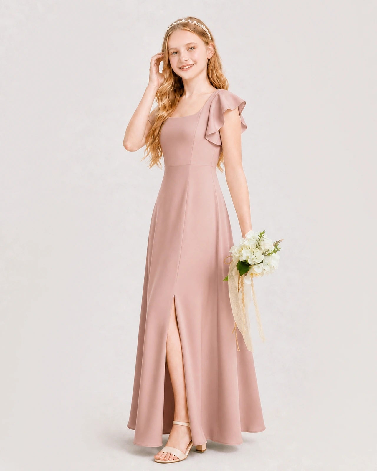 Dusty Rose Chiffon A-line Junior Bridesmaid Dress Side View
