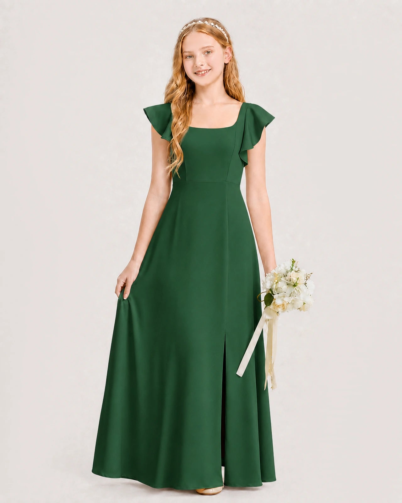 Emerald Green Chiffon A-line Junior Bridesmaid Dress Front View