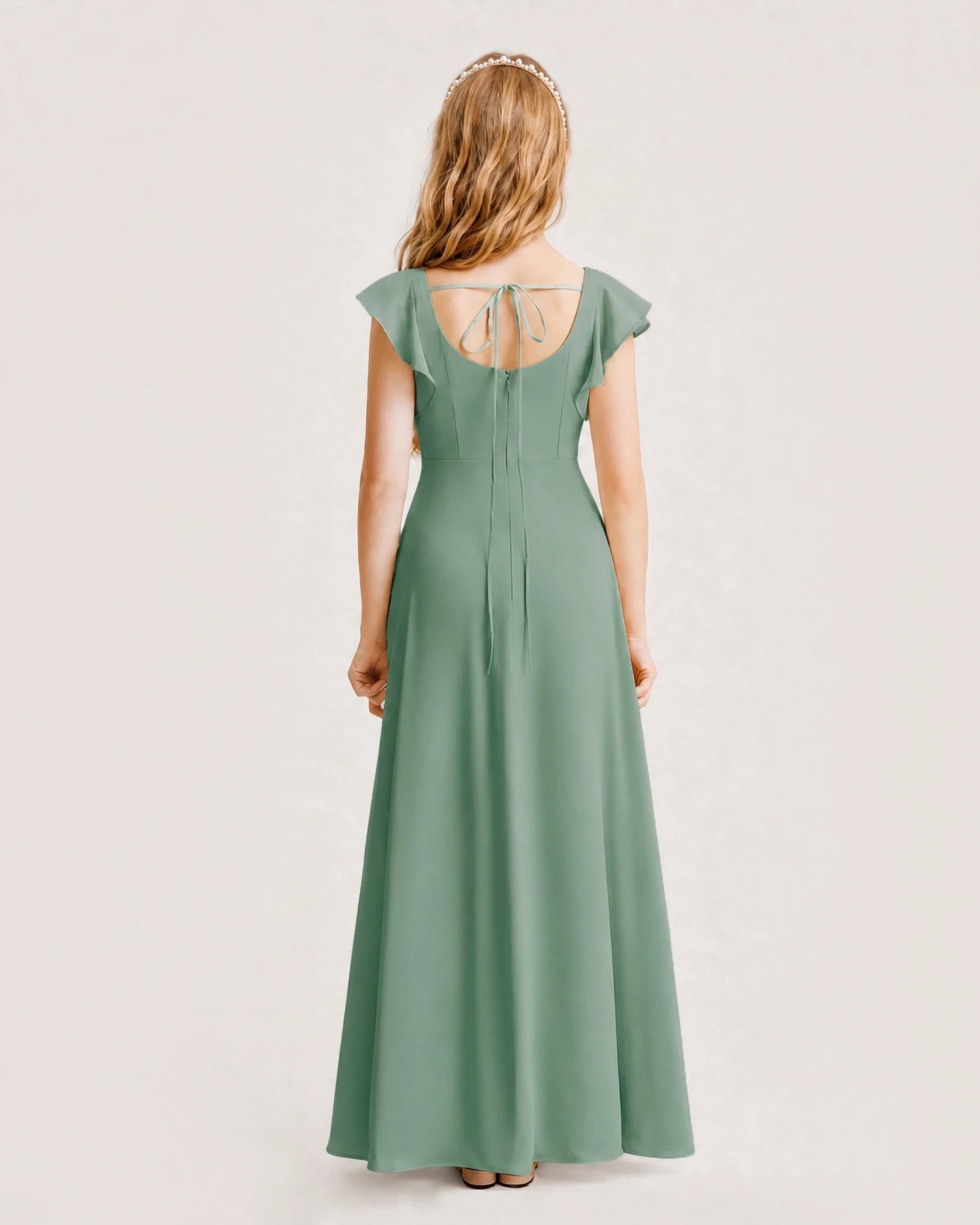 Eucalyptus Chiffon A-line Junior Bridesmaid Dress Back View