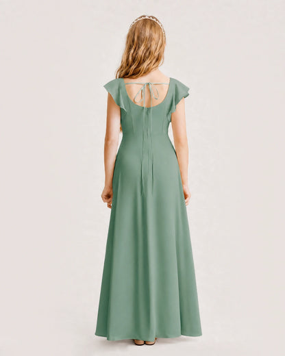 Eucalyptus Chiffon A-line Junior Bridesmaid Dress Back View