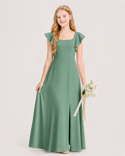Eucalyptus Chiffon A-line Junior Bridesmaid Dress Front View