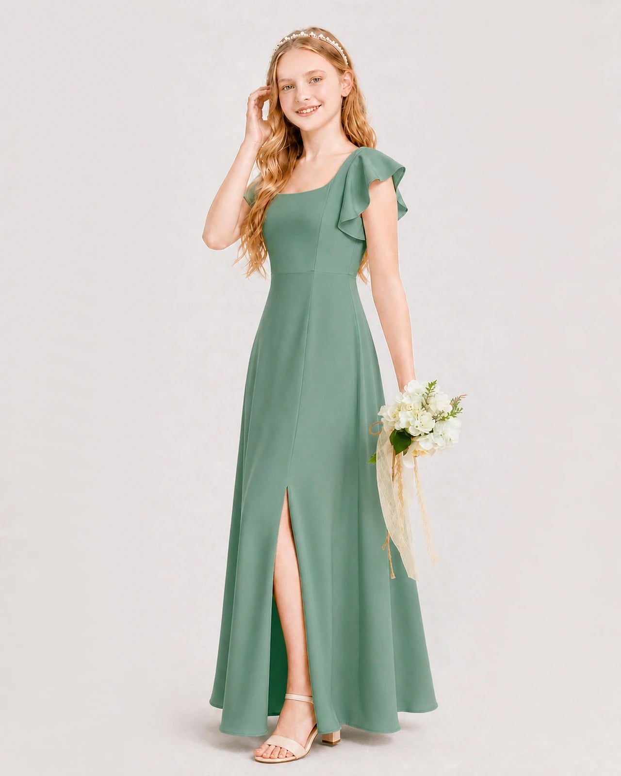 Eucalyptus Chiffon A-line Junior Bridesmaid Dress Side View