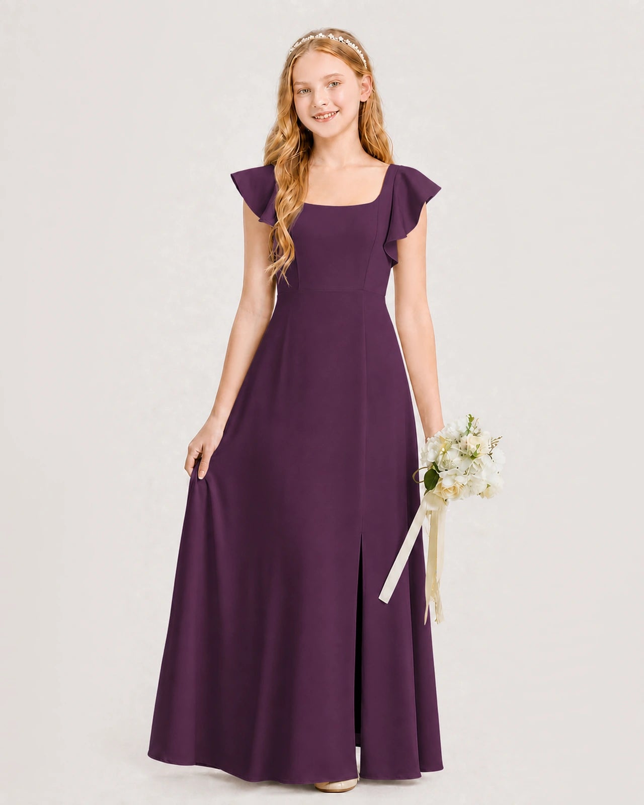 Grape Chiffon A-line Junior Bridesmaid Dress Front View