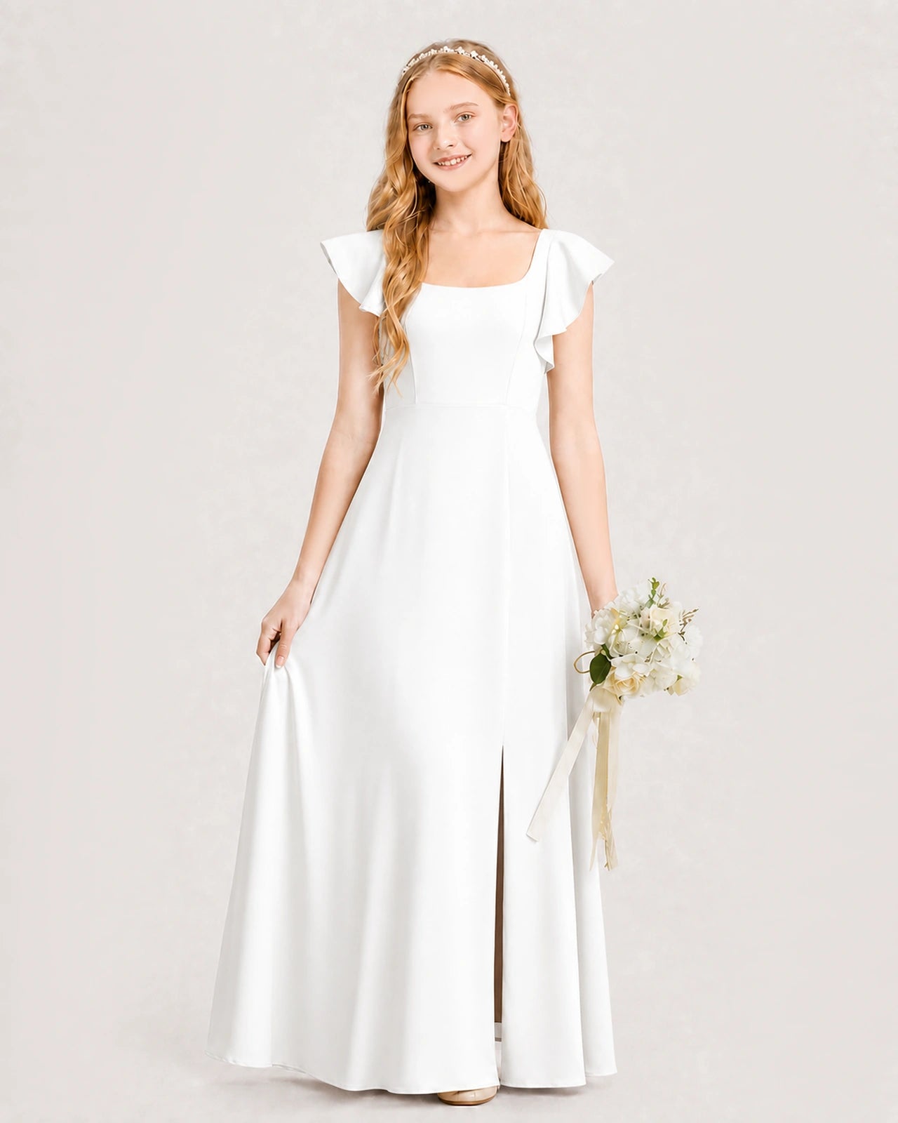 Ivory Chiffon A-line Junior Bridesmaid Dress Front View