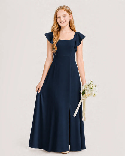 Navy Blue Chiffon A-line Junior Bridesmaid Dress Front View
