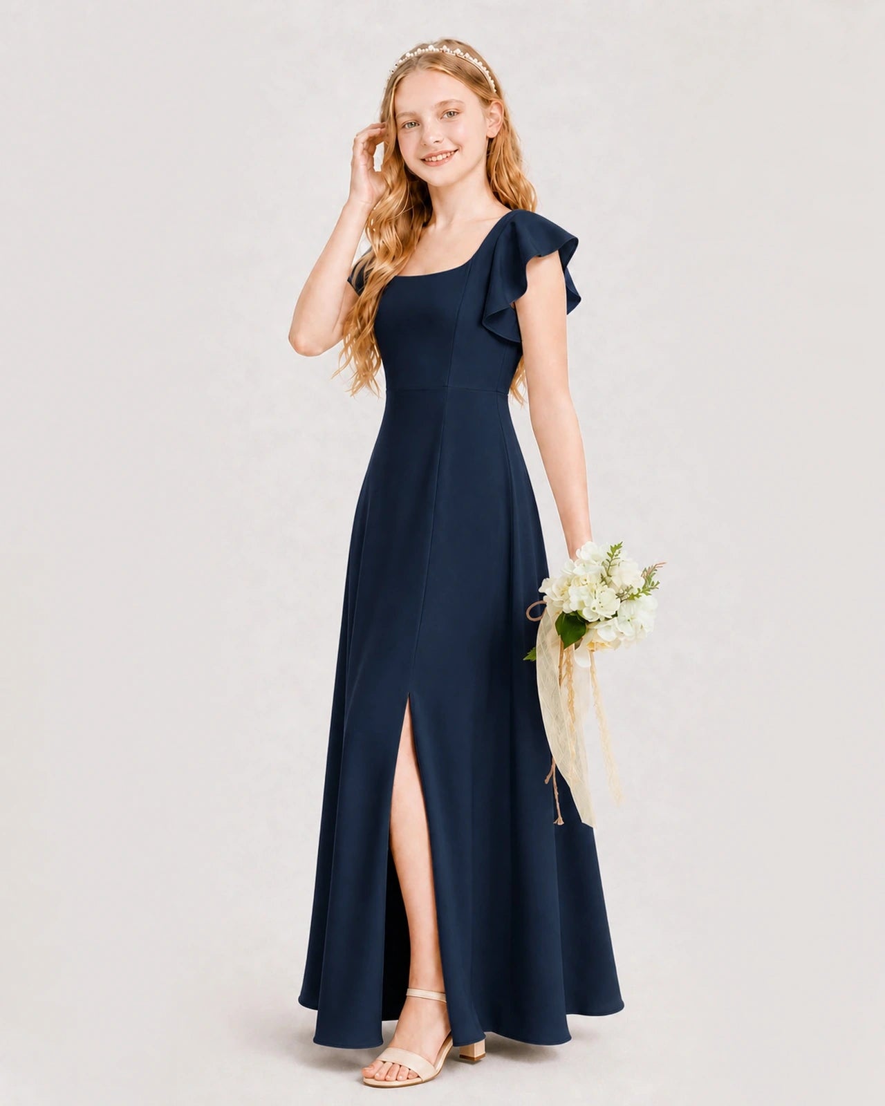 Navy Blue Chiffon A-line Junior Bridesmaid Dress Side View