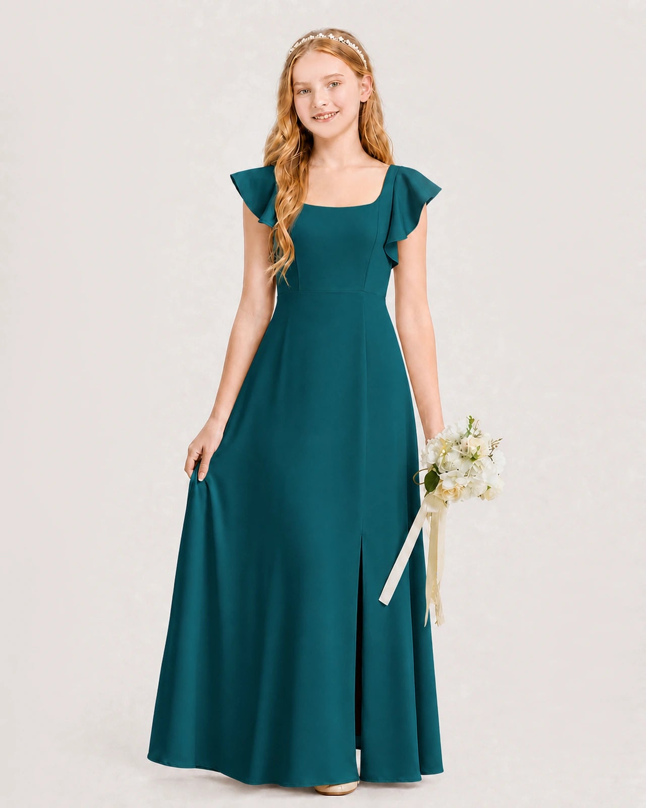 Peacock Chiffon A-line Junior Bridesmaid Dress Front View