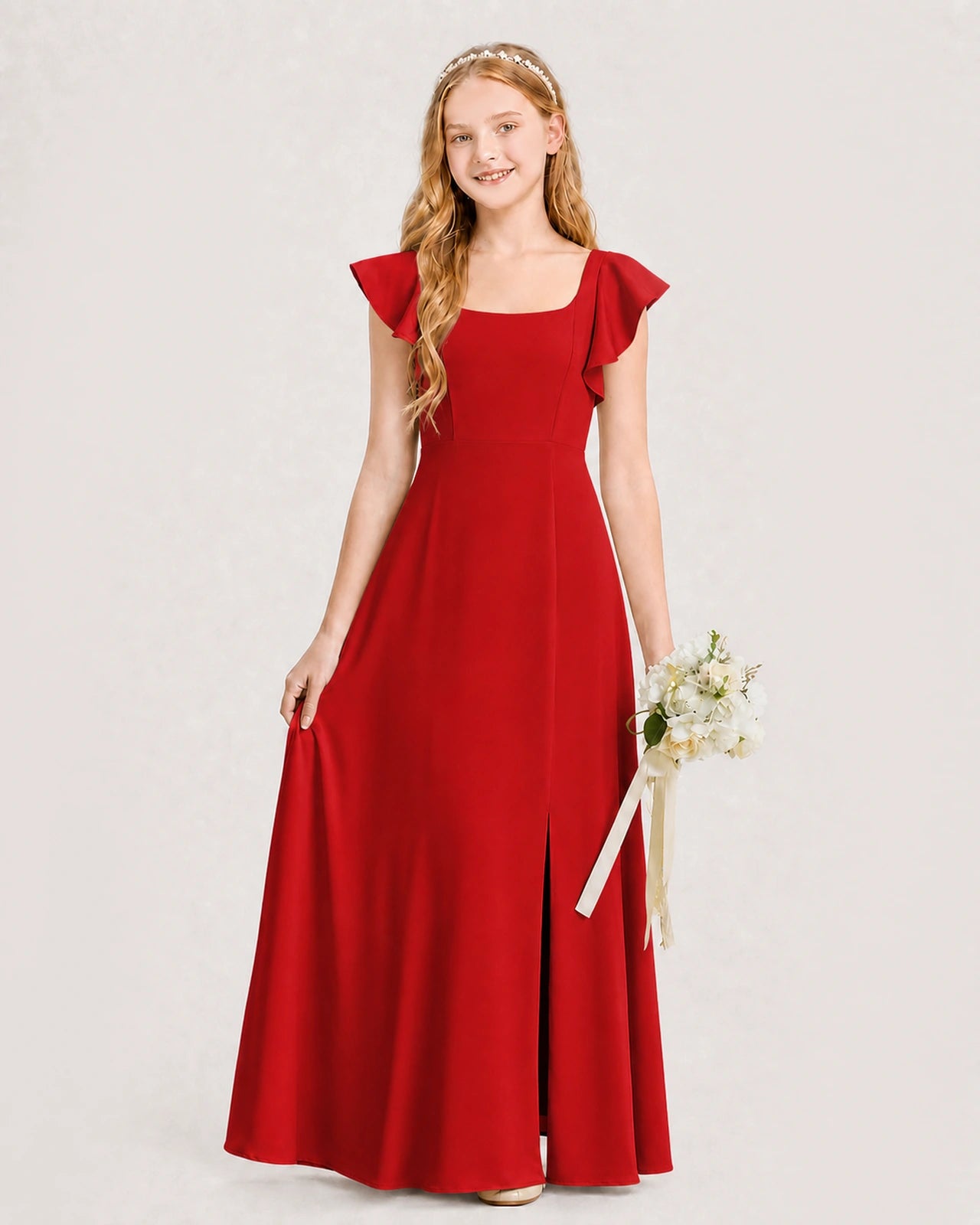 Red Chiffon A-line Junior Bridesmaid Dress Front View