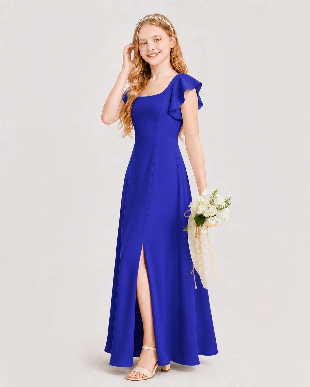Royal Blue Chiffon A-line Junior Bridesmaid Dress Side View