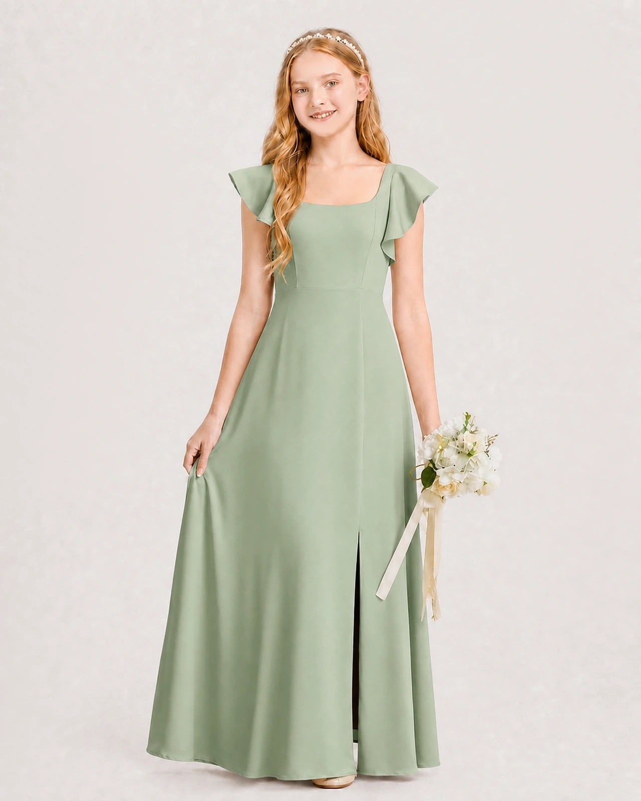 Sage Green Chiffon A-line Junior Bridesmaid Dress Front View