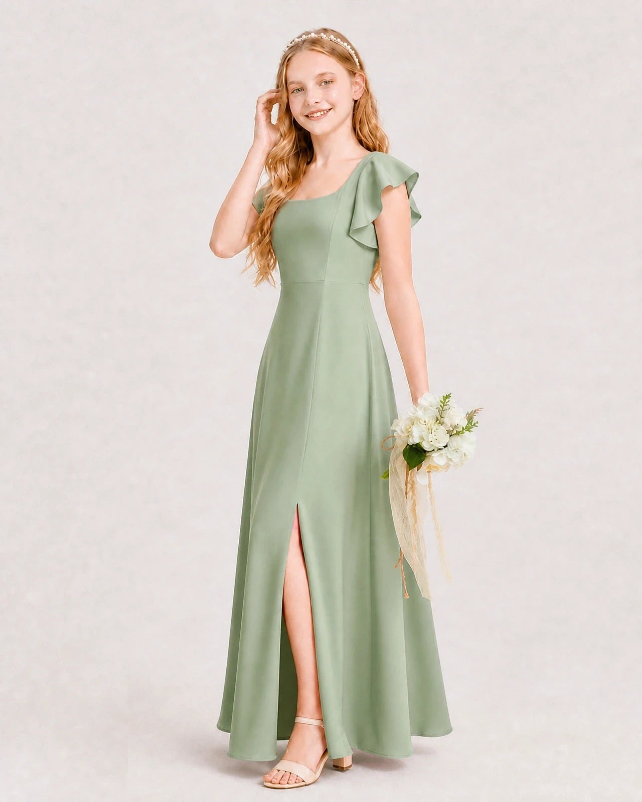 Sage Green Chiffon A-line Junior Bridesmaid Dress Side View