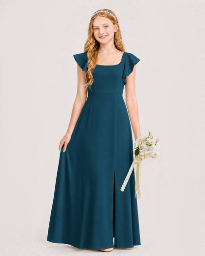 Teal Chiffon A-line Junior Bridesmaid Dress Front View