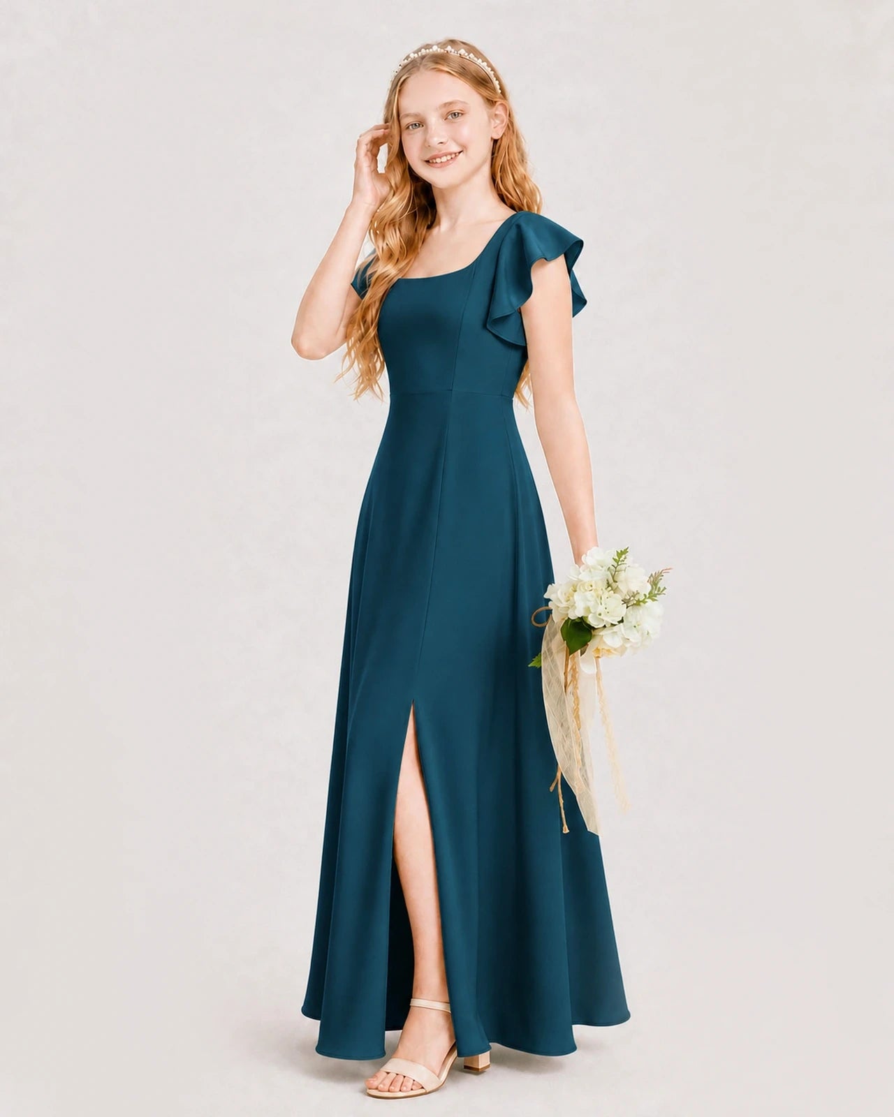 Teal Chiffon A-line Junior Bridesmaid Dress Side View
