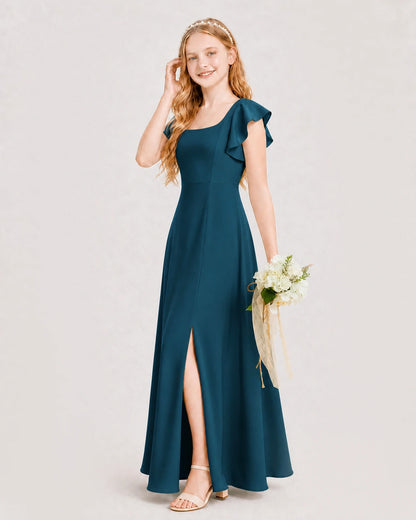 Teal Chiffon A-line Junior Bridesmaid Dress Side View