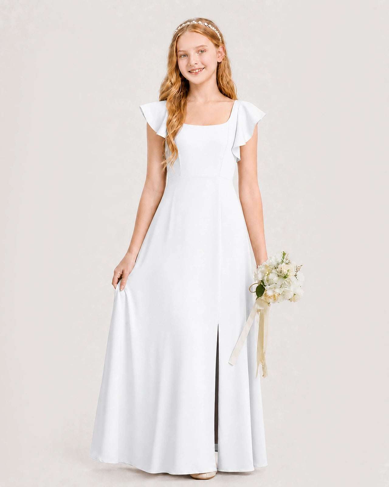 White Chiffon A-line Junior Bridesmaid Dress Front View