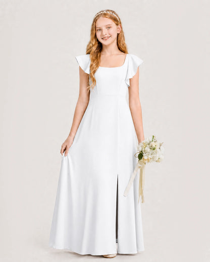 White Chiffon A-line Junior Bridesmaid Dress Front View