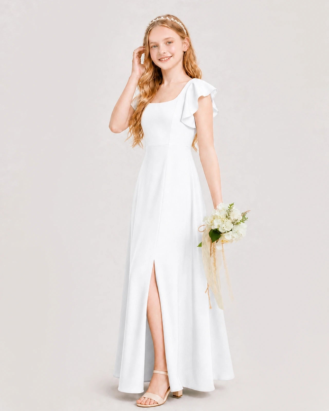 White Chiffon A-line Junior Bridesmaid Dress Side View