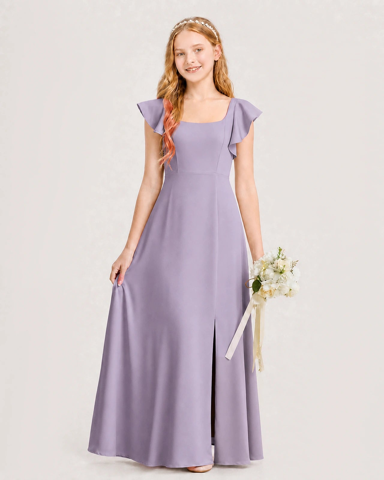 Dideyttawl Chiffon Junior Bridesmaid Dress with Flutter Sleeves and Slit Main image
