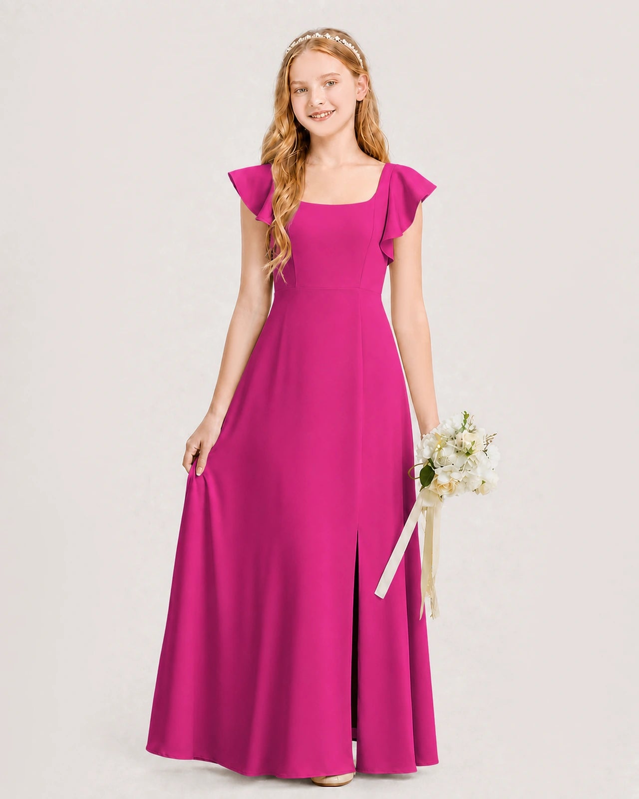 Hot Pink Chiffon A-line Junior Bridesmaid Dress Front View