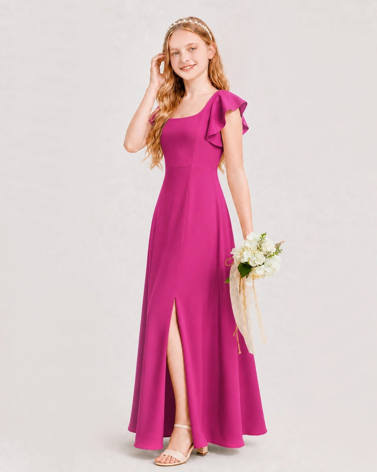 Hot Pink Chiffon A-line Junior Bridesmaid Dress Side View
