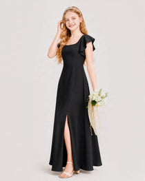 Black Junior Bridesmaid Dress Square Neck Flutter Sleeve A-Line Maxi Gown Side View
