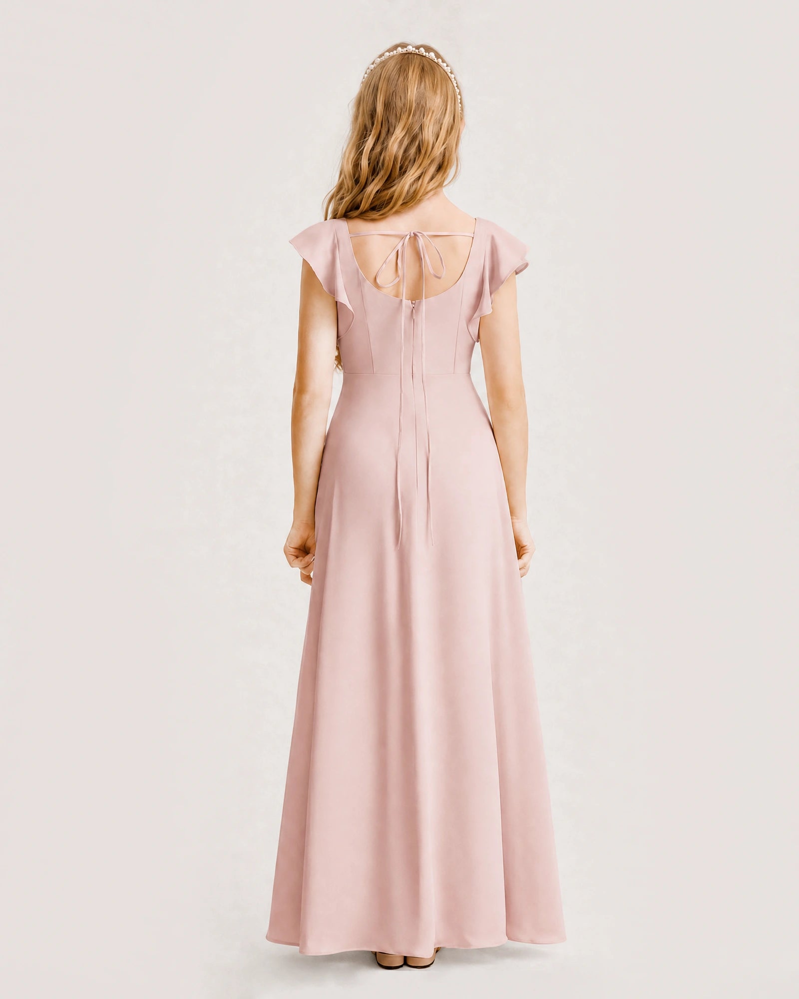 Blush Pink Junior Bridesmaid Dress Square Neck Flutter Sleeve A-Line Maxi Gown Back View