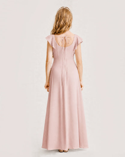 Blush Pink Junior Bridesmaid Dress Square Neck Flutter Sleeve A-Line Maxi Gown Back View