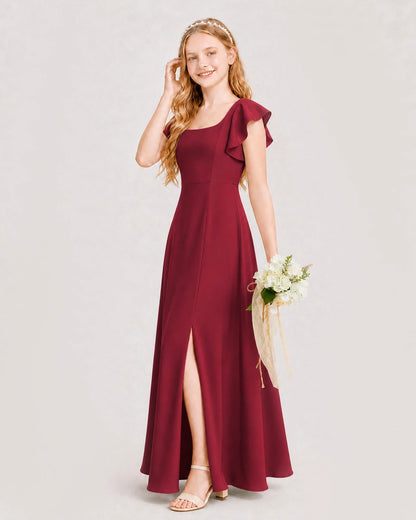 Burgundy Junior Bridesmaid Dress Square Neck Flutter Sleeve A-Line Maxi Gown Side View