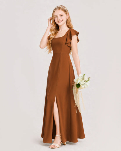 Burnt Orange Junior Bridesmaid Dress Square Neck Flutter Sleeve A-Line Maxi Gown Side View