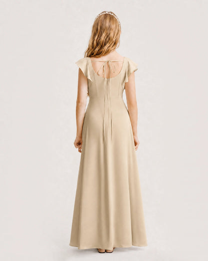 Champagne Junior Bridesmaid Dress Square Neck Flutter Sleeve A-Line Maxi Gown Back View
